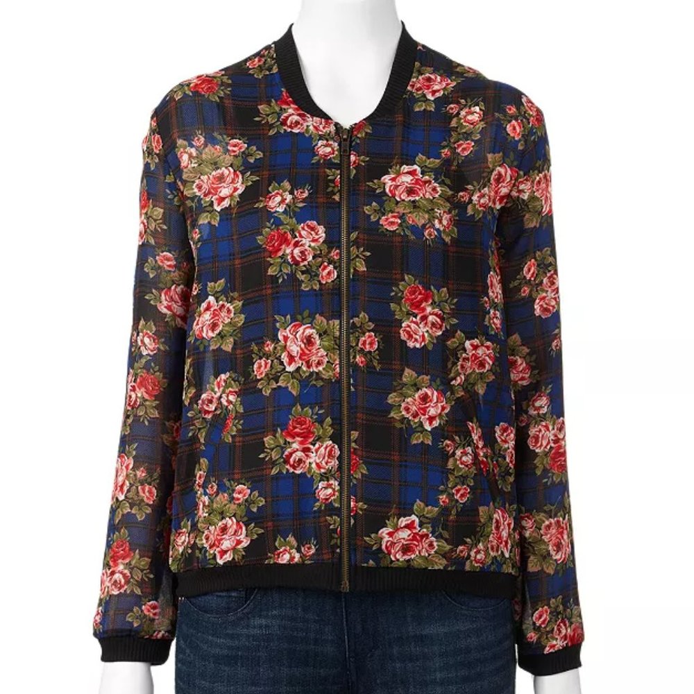 NWT About a Girl Floral Semi Sheer Zip Jacket